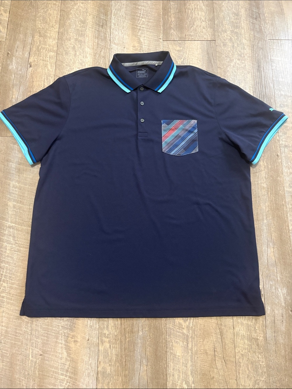 Puma Navy Polo with Aqua Trim and Multicolor Striped Pocket